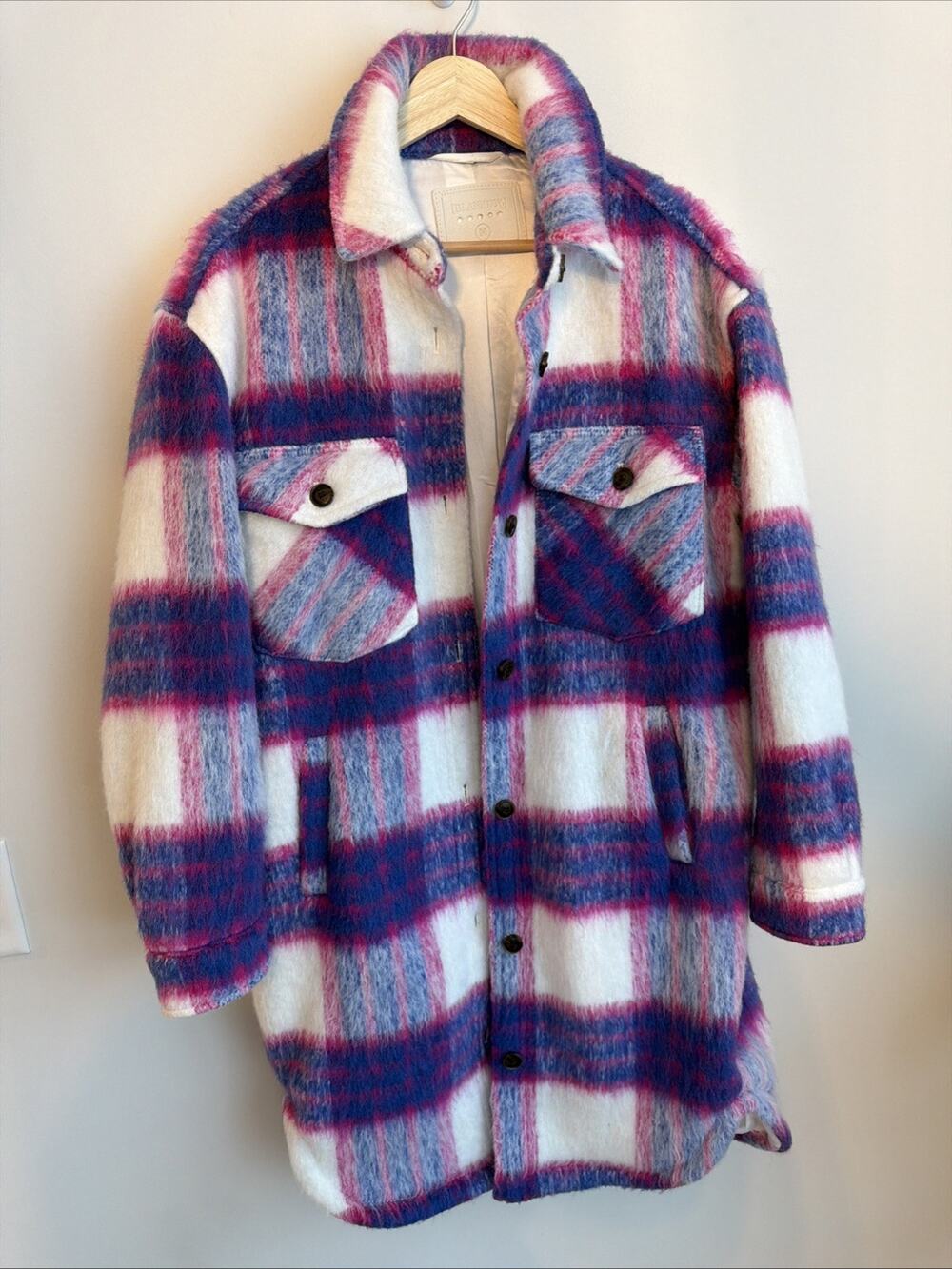BLANKNYC Prime Time Shacket Medium Fuchsia Plaid Wool Blend Jacket Pink Purple